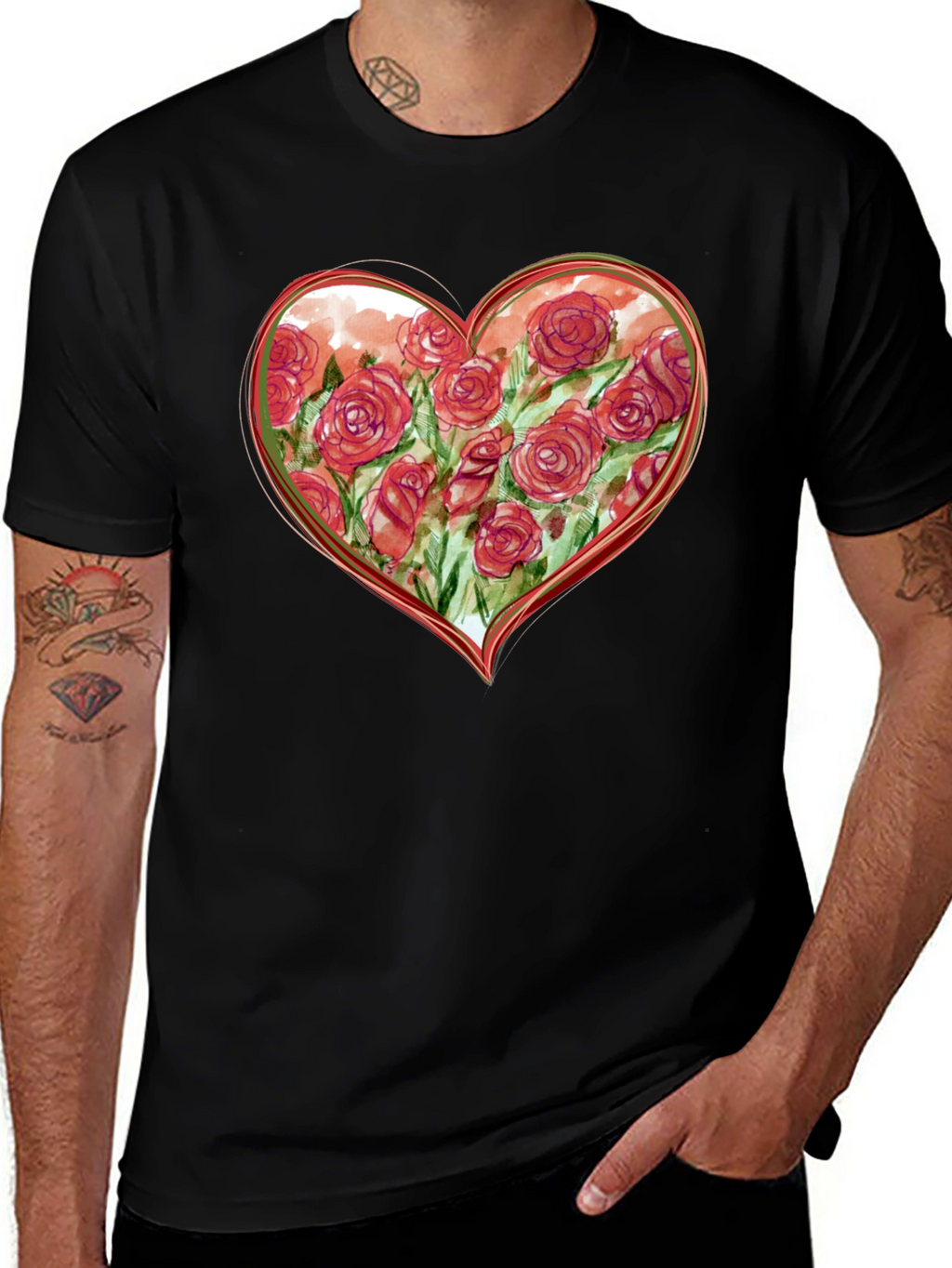 Floral Heart Graphic Tee - Romantic Black T-Shirt