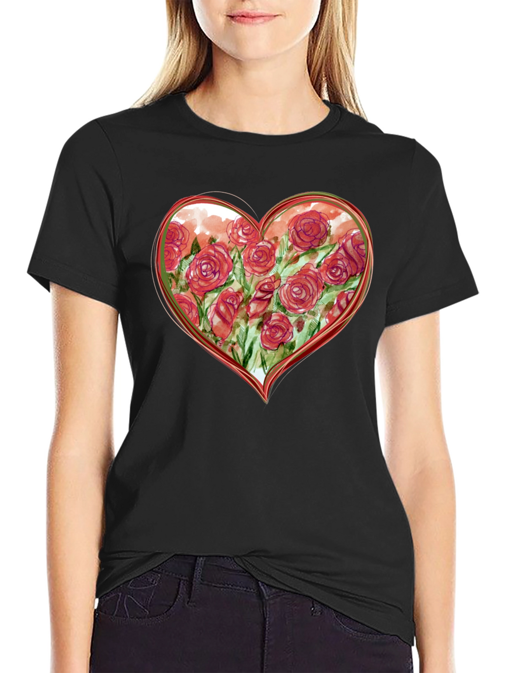 Floral Heart Graphic Tee - Romantic Black T-Shirt