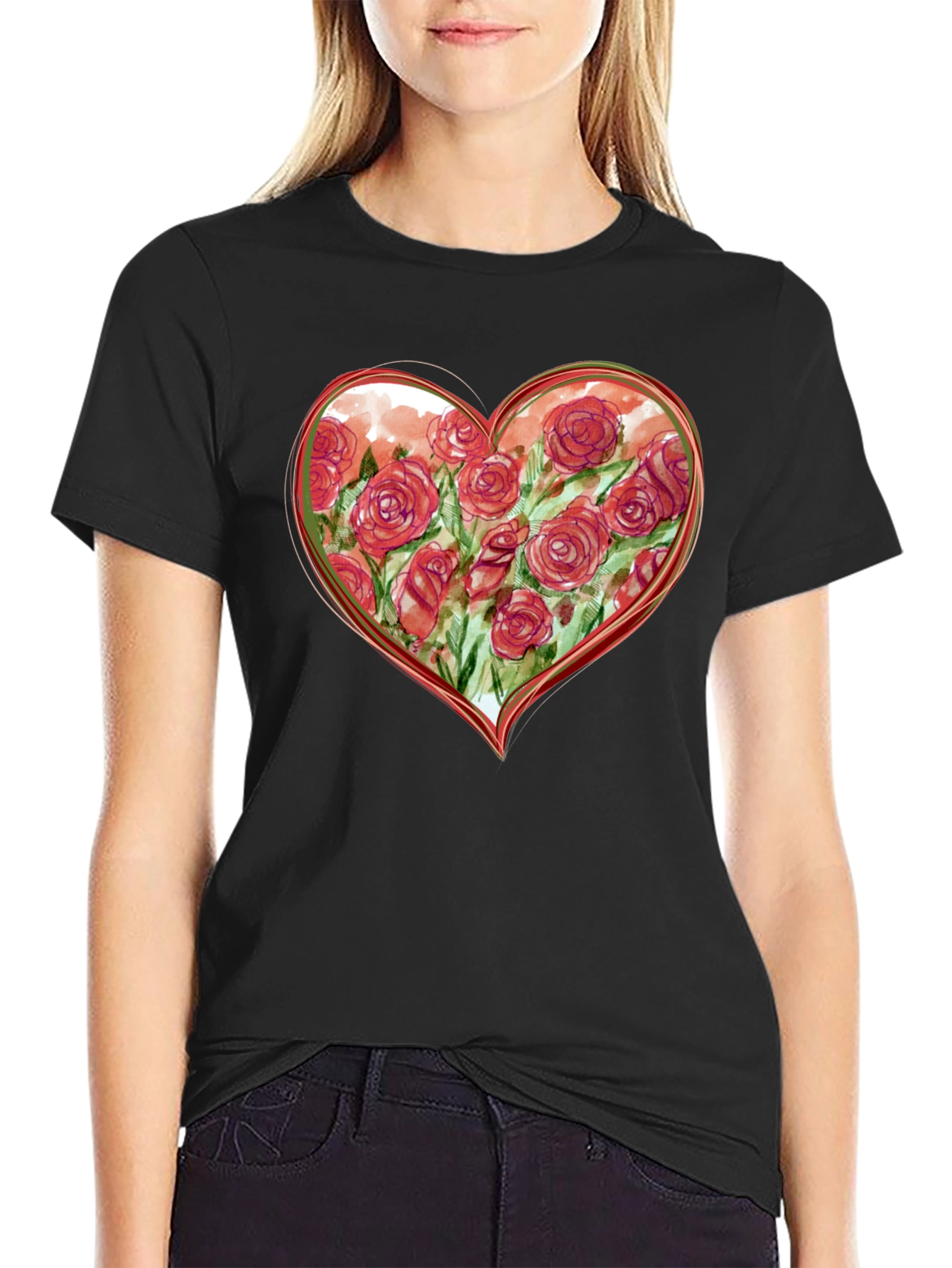 Floral Heart Graphic Tee - Romantic Black T-Shirt