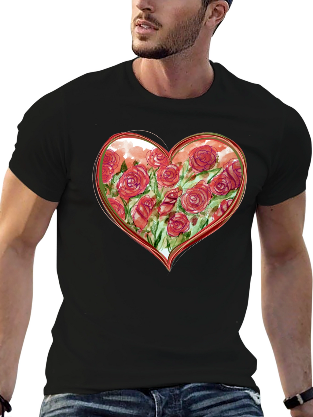 Floral Heart Graphic Tee - Romantic Black T-Shirt
