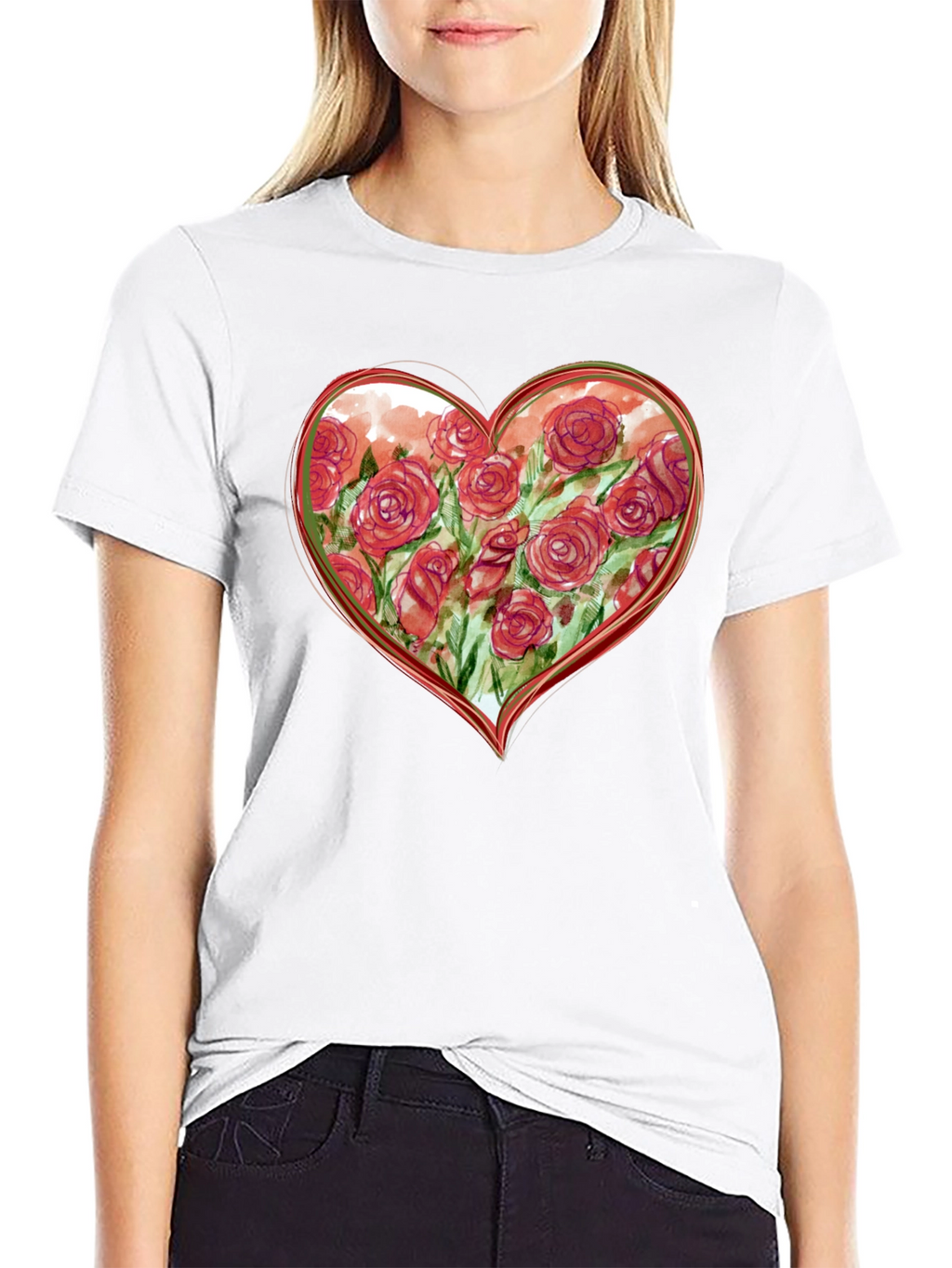 Floral Heart Graphic Tee - Romantic Black T-Shirt