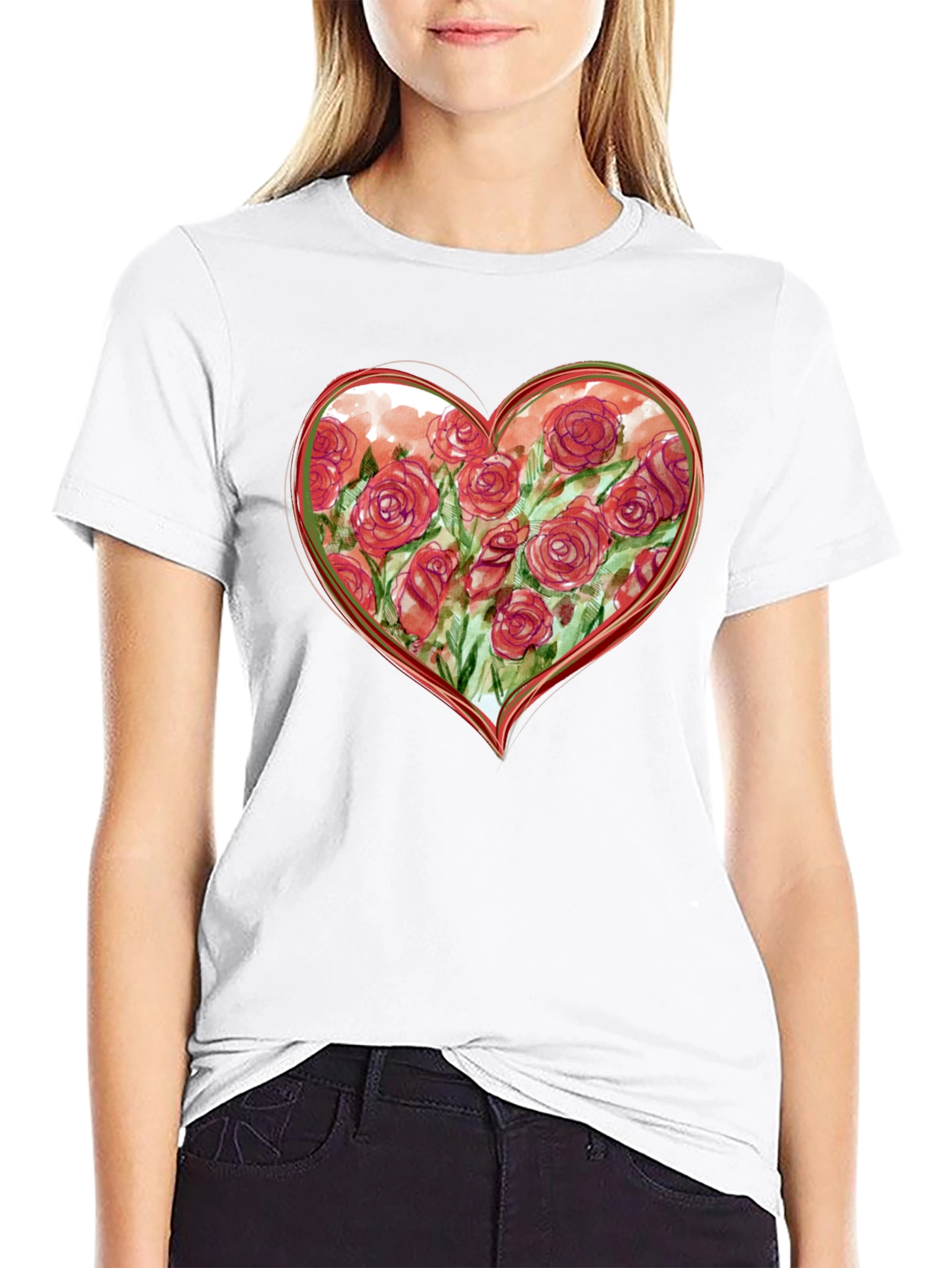 Floral Heart Graphic Tee - Romantic Black T-Shirt