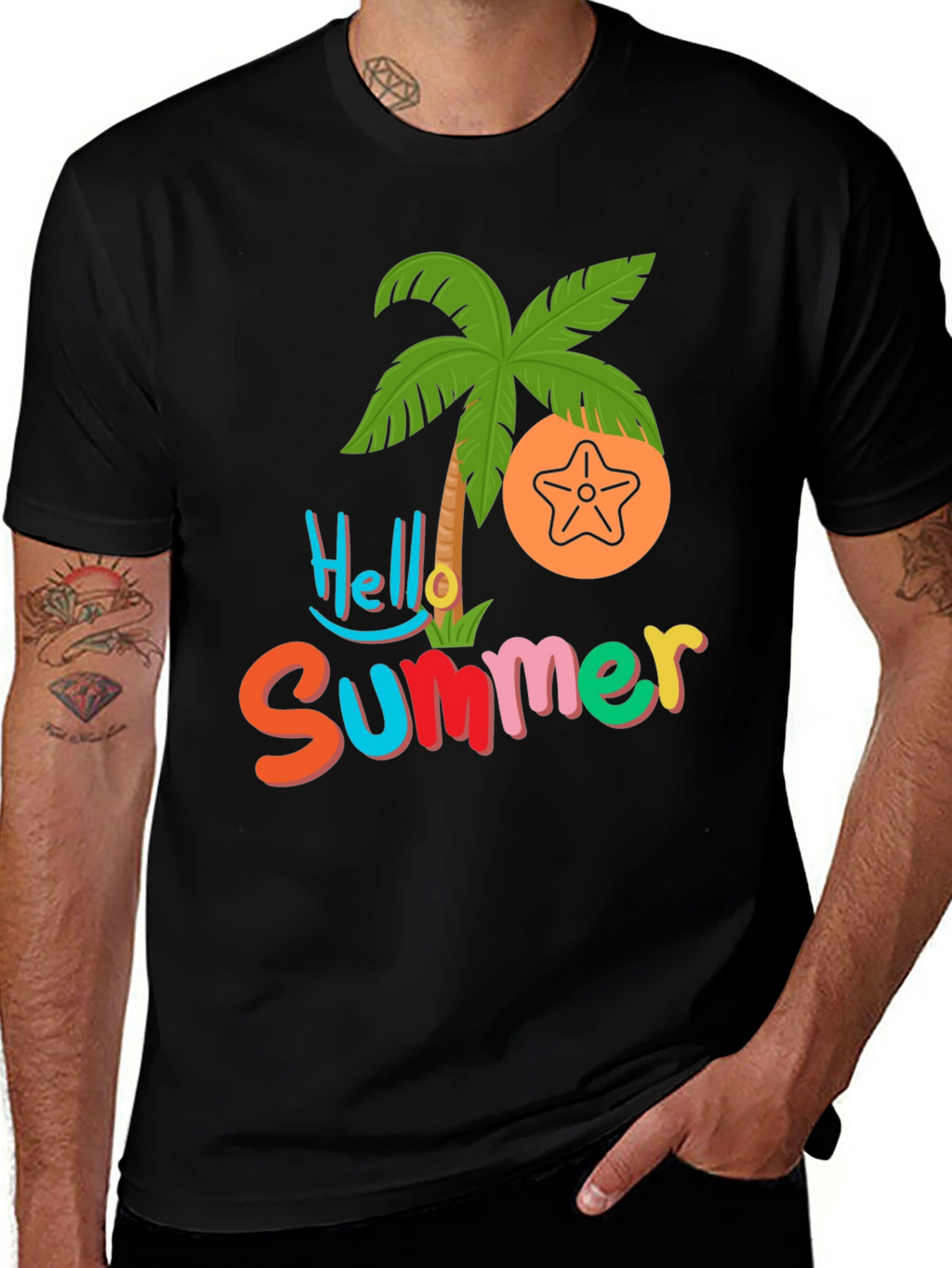 Hello Summer T-Shirt - Tropical Palm & Starfish Design