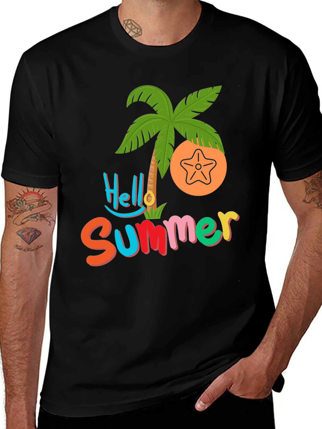 Hello Summer T-Shirt - Tropical Palm & Starfish Design
