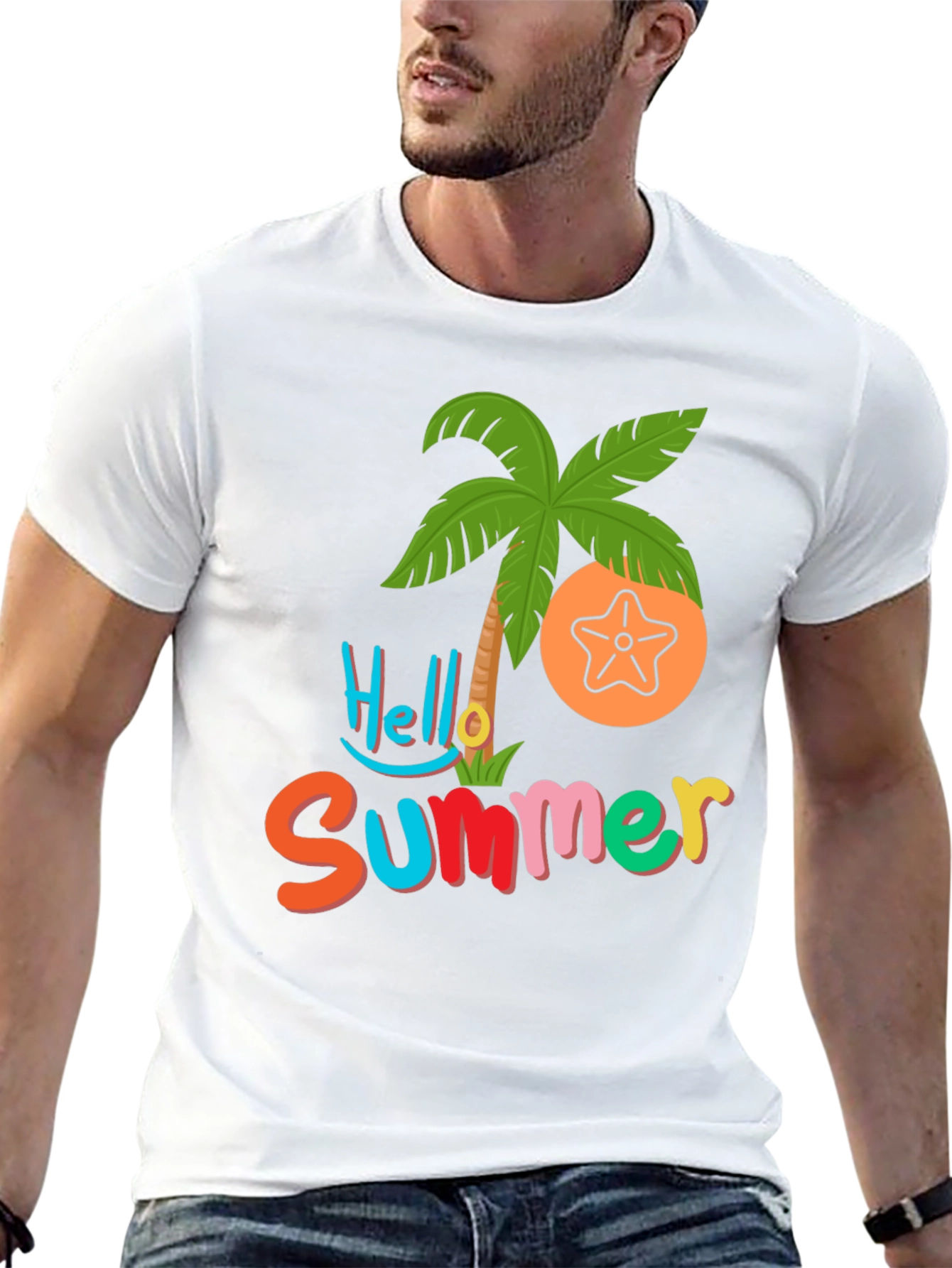 Hello Summer T-Shirt - Tropical Palm & Starfish Design