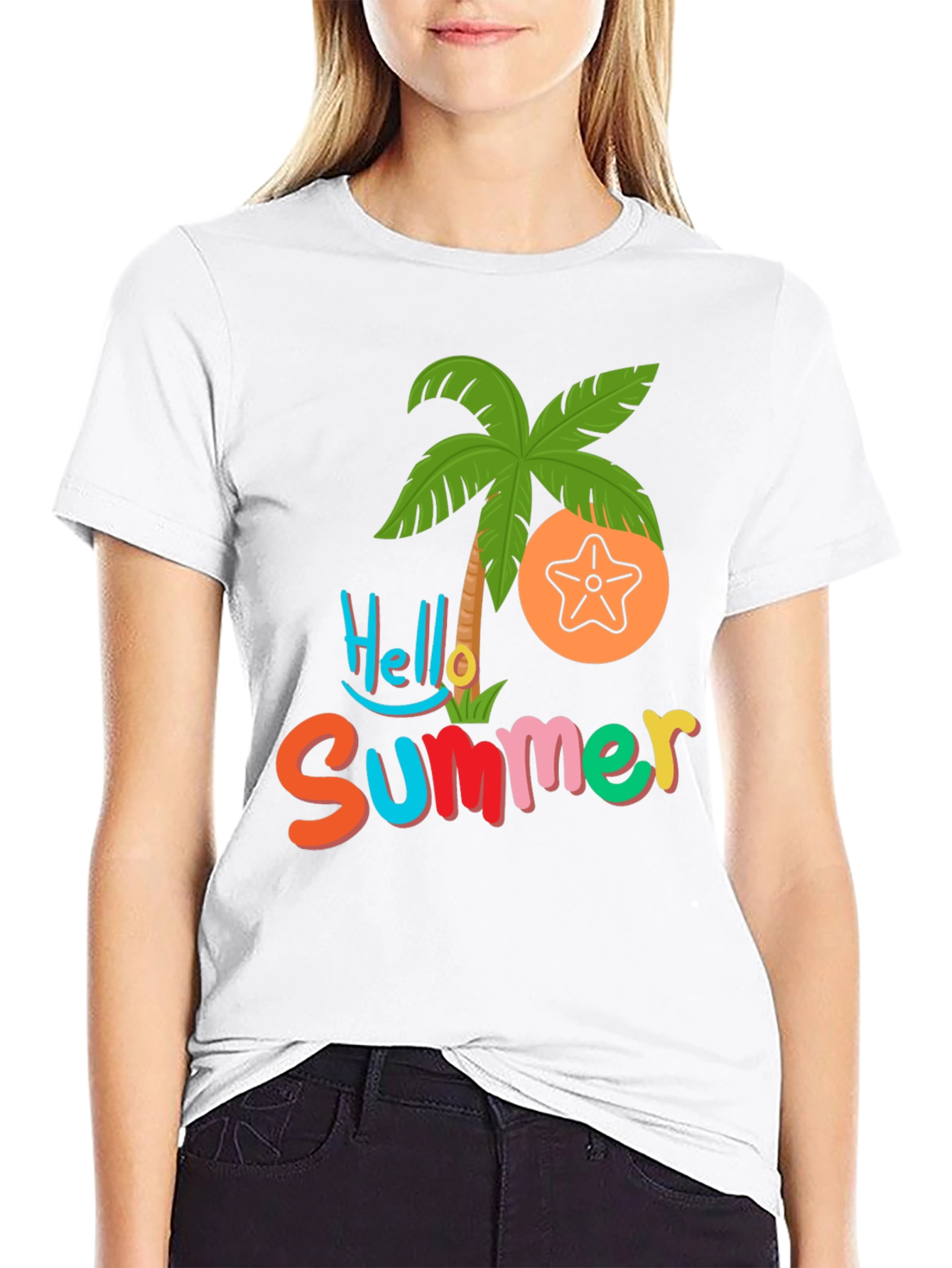 Hello Summer T-Shirt - Tropical Palm & Starfish Design