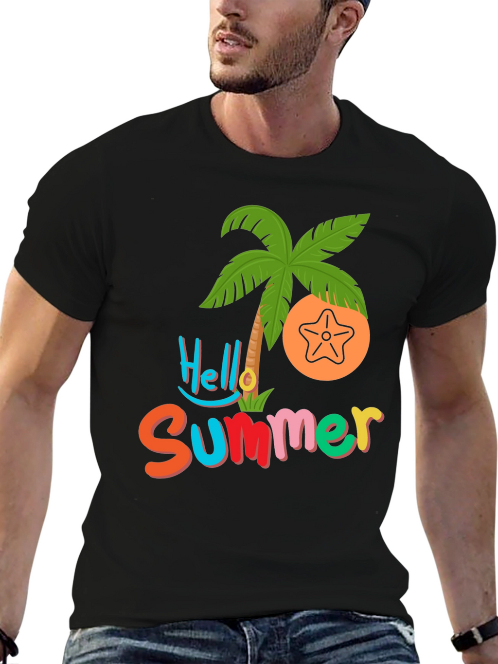 Hello Summer T-Shirt - Tropical Palm & Starfish Design
