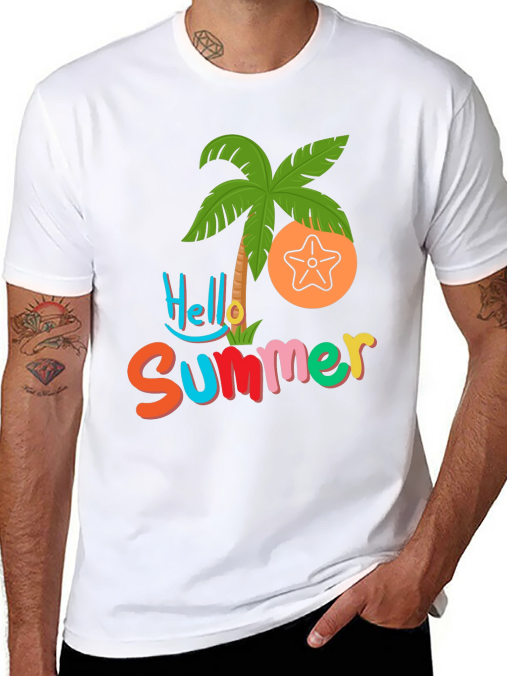 Hello Summer T-Shirt - Tropical Palm & Starfish Design