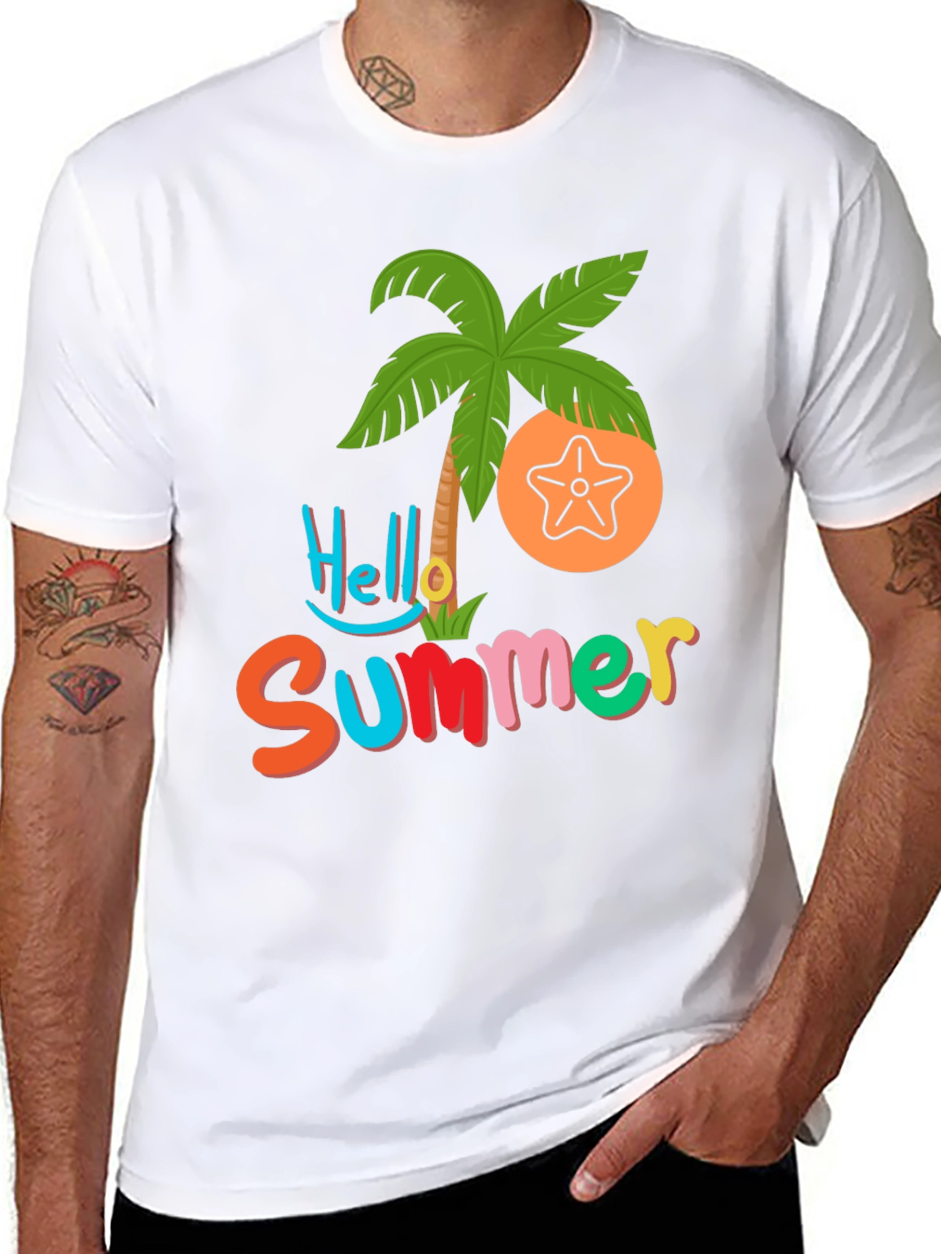 Hello Summer T-Shirt - Tropical Palm & Starfish Design
