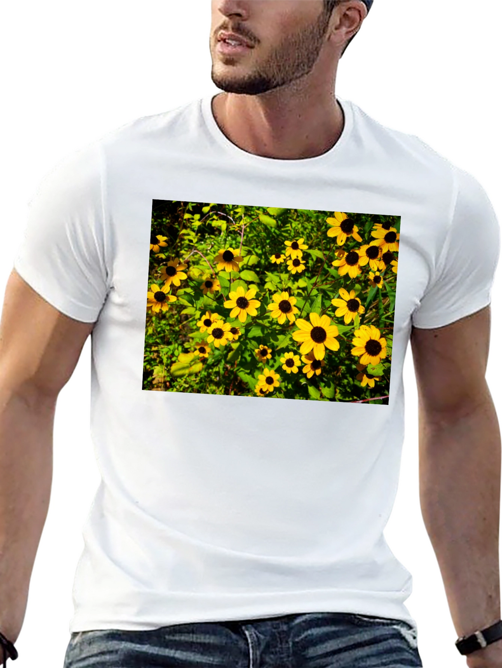 Floral Black T-Shirt - Garden Yellow Flowers