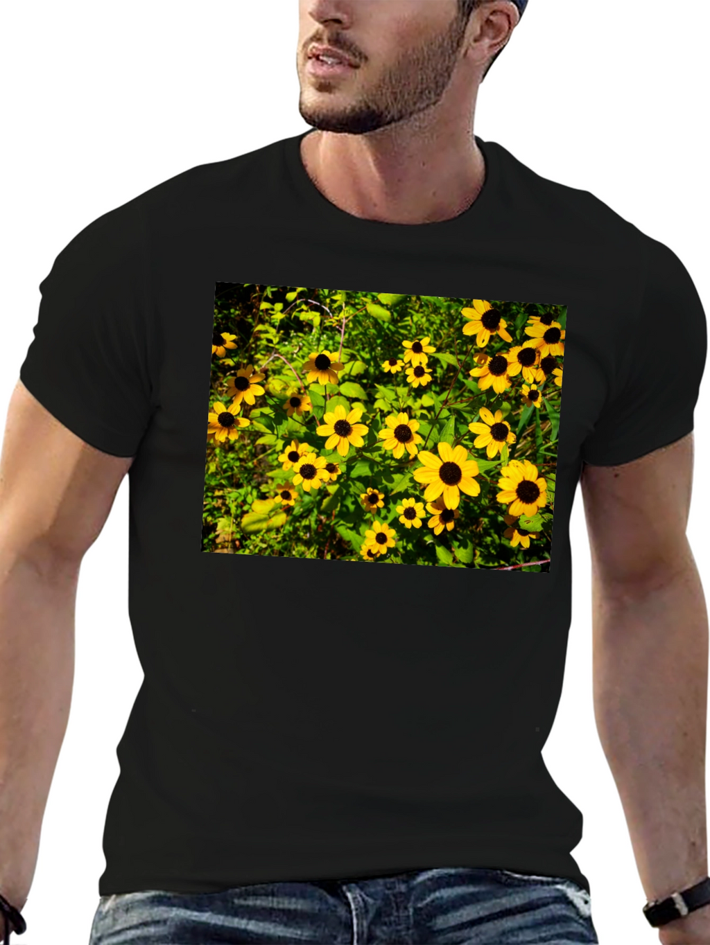 Floral Black T-Shirt - Garden Yellow Flowers