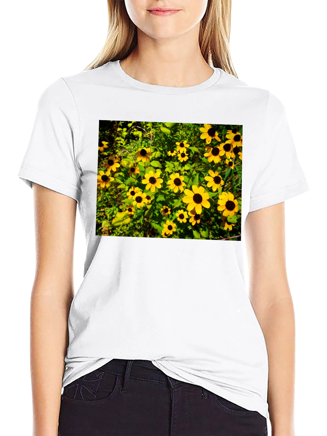 Floral Black T-Shirt - Garden Yellow Flowers