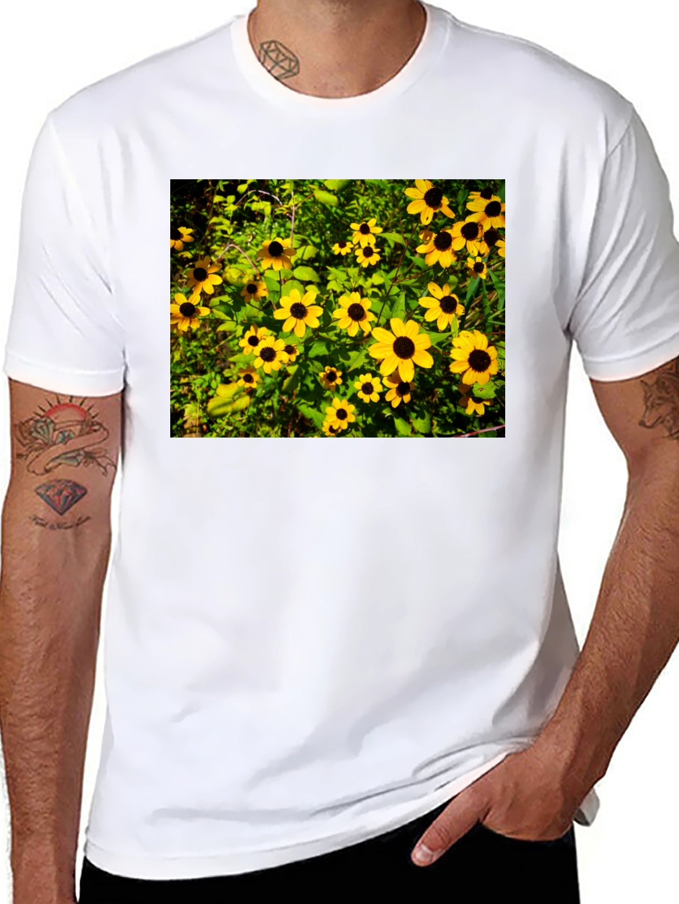 Floral Black T-Shirt - Garden Yellow Flowers