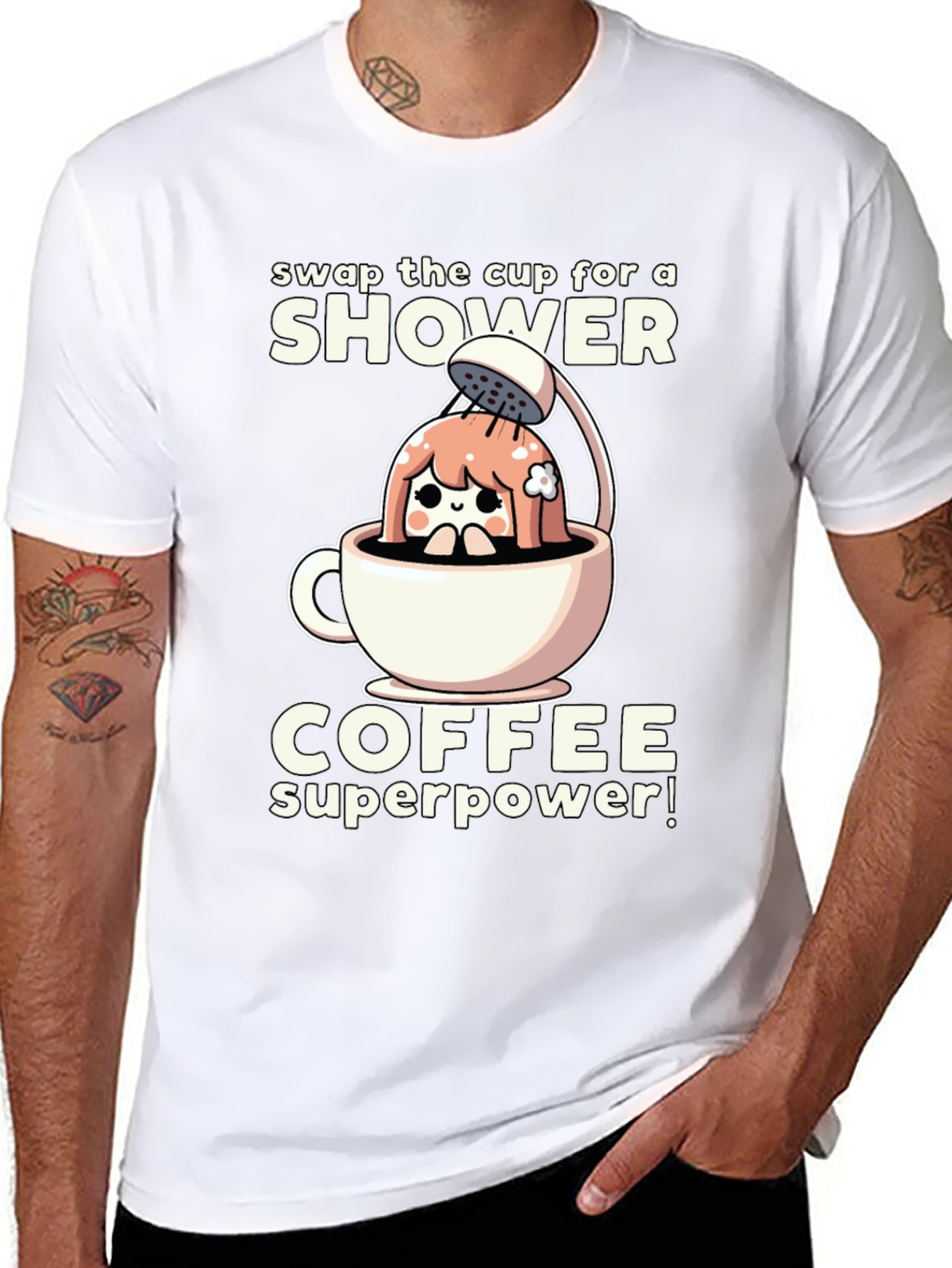 Shower Coffee Superpower T-Shirt - Black Graphic Tee