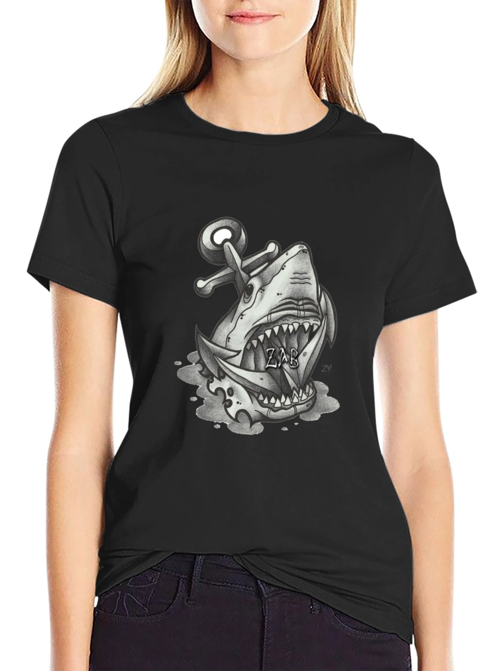 Shark Anchor Graphic Tee - Black Cotton T-Shirt