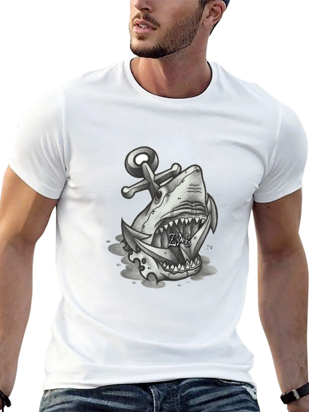 Shark Anchor Graphic Tee - Black Cotton T-Shirt