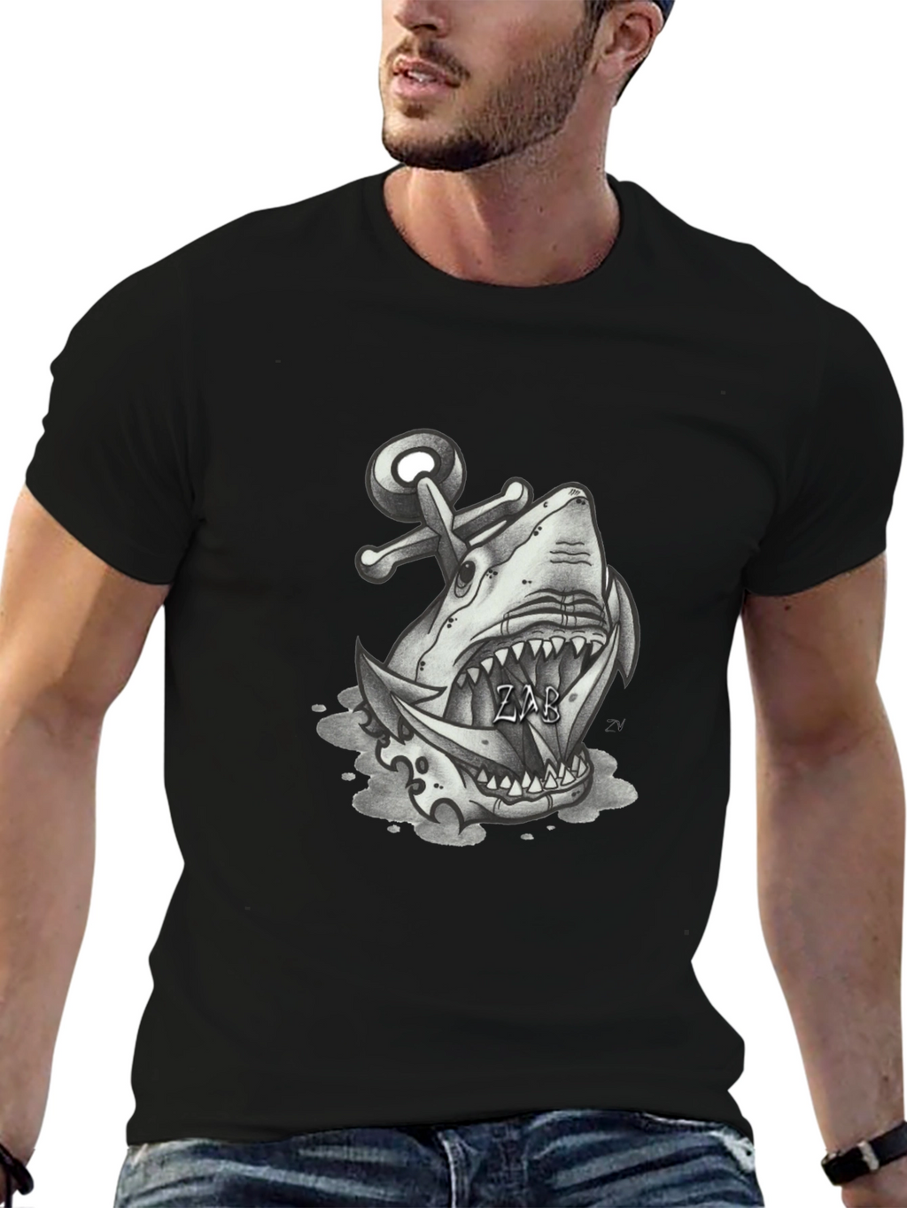 Shark Anchor Graphic Tee - Black Cotton T-Shirt