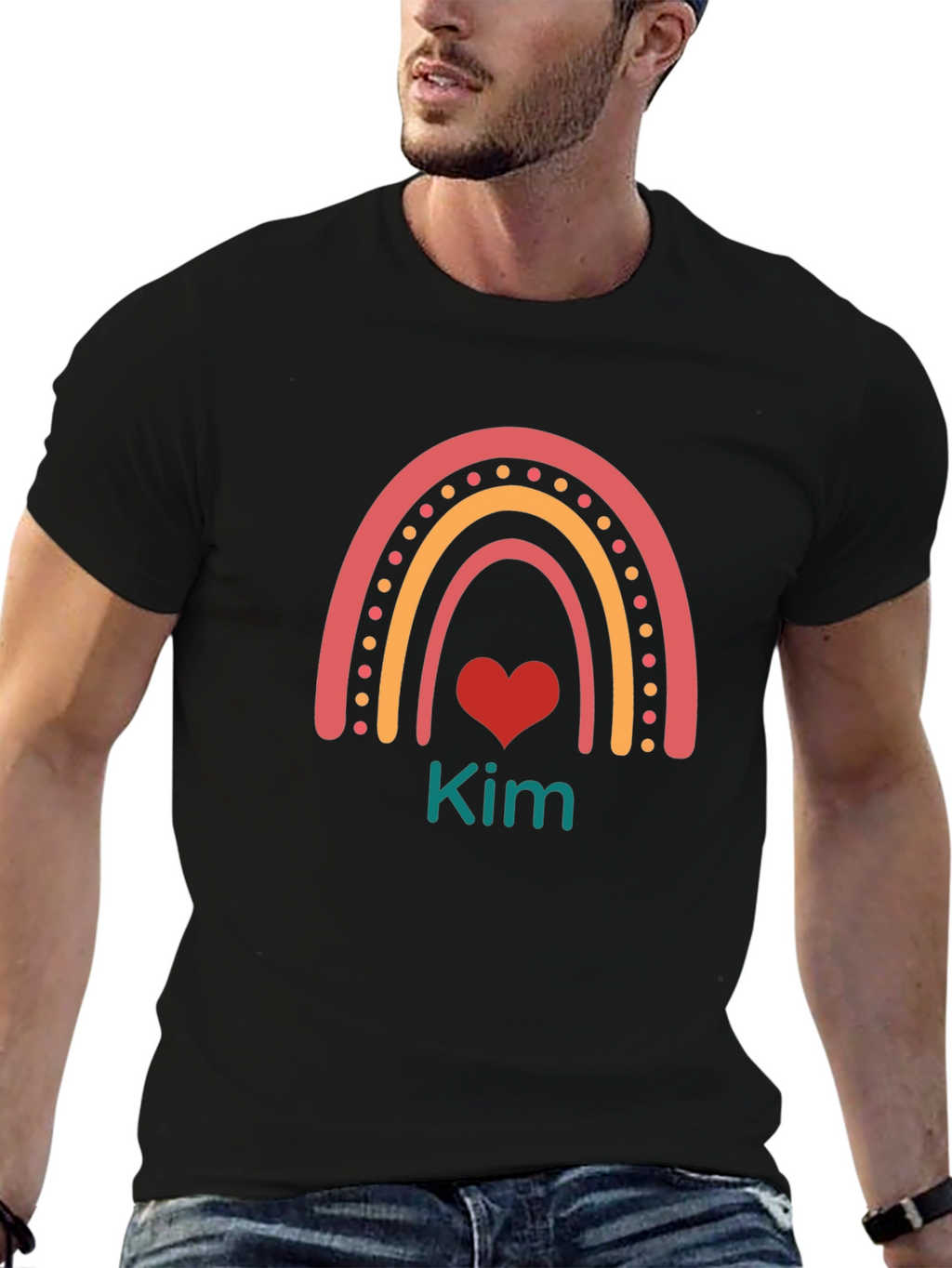 Kim Rainbow Heart Personalized Black T-Shirt