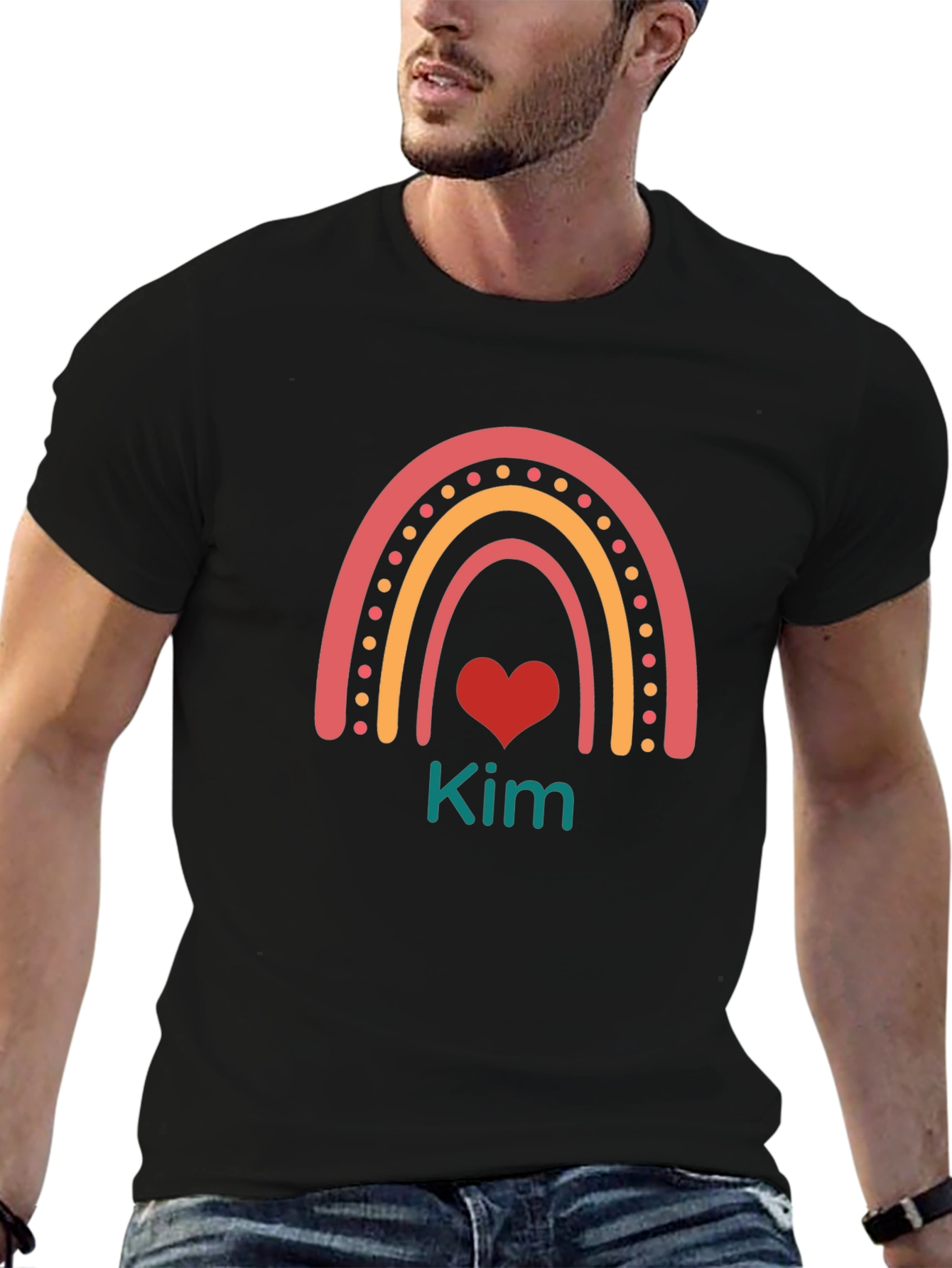 Kim Rainbow Heart Personalized Black T-Shirt