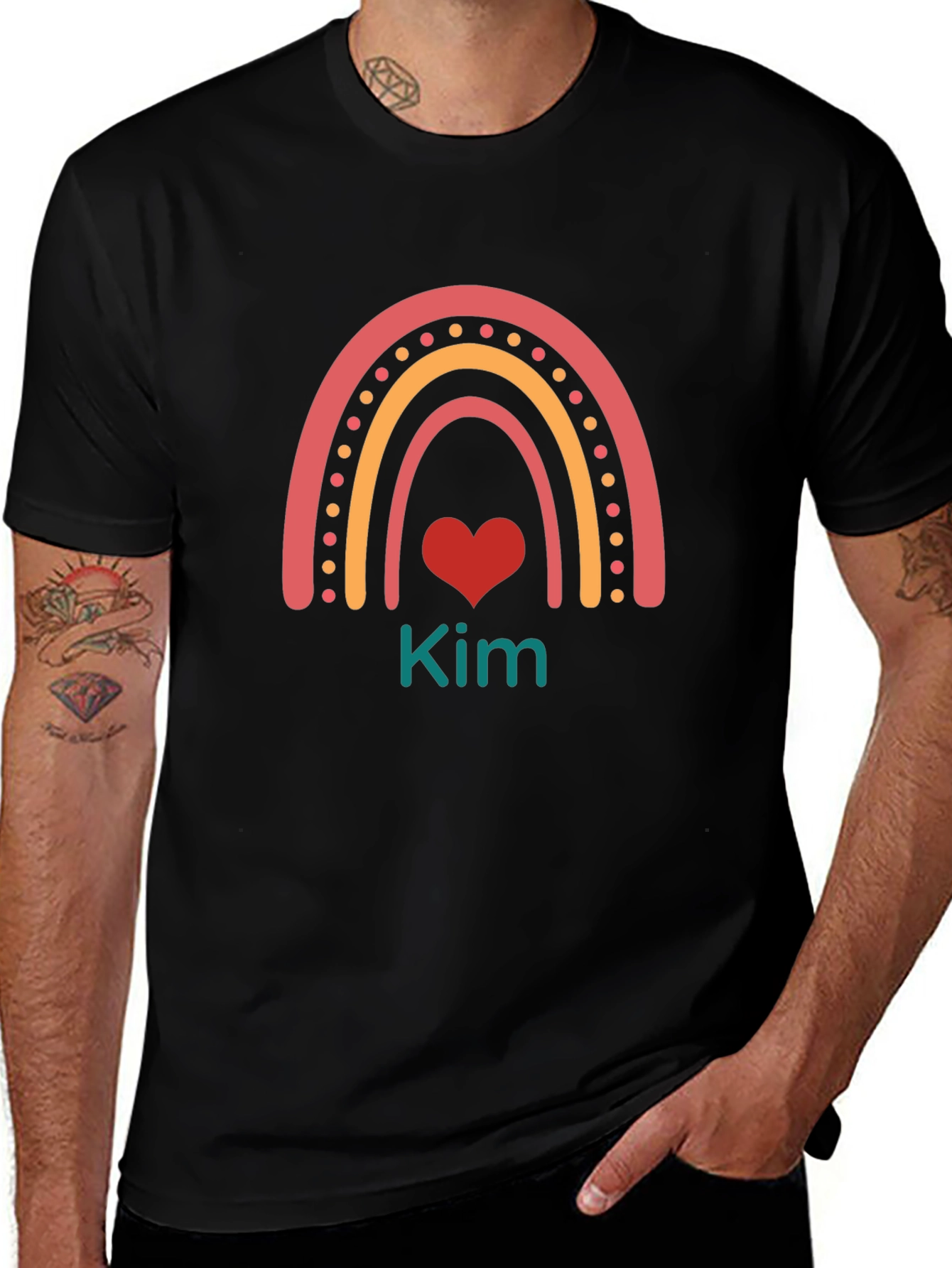 Kim Rainbow Heart Personalized Black T-Shirt