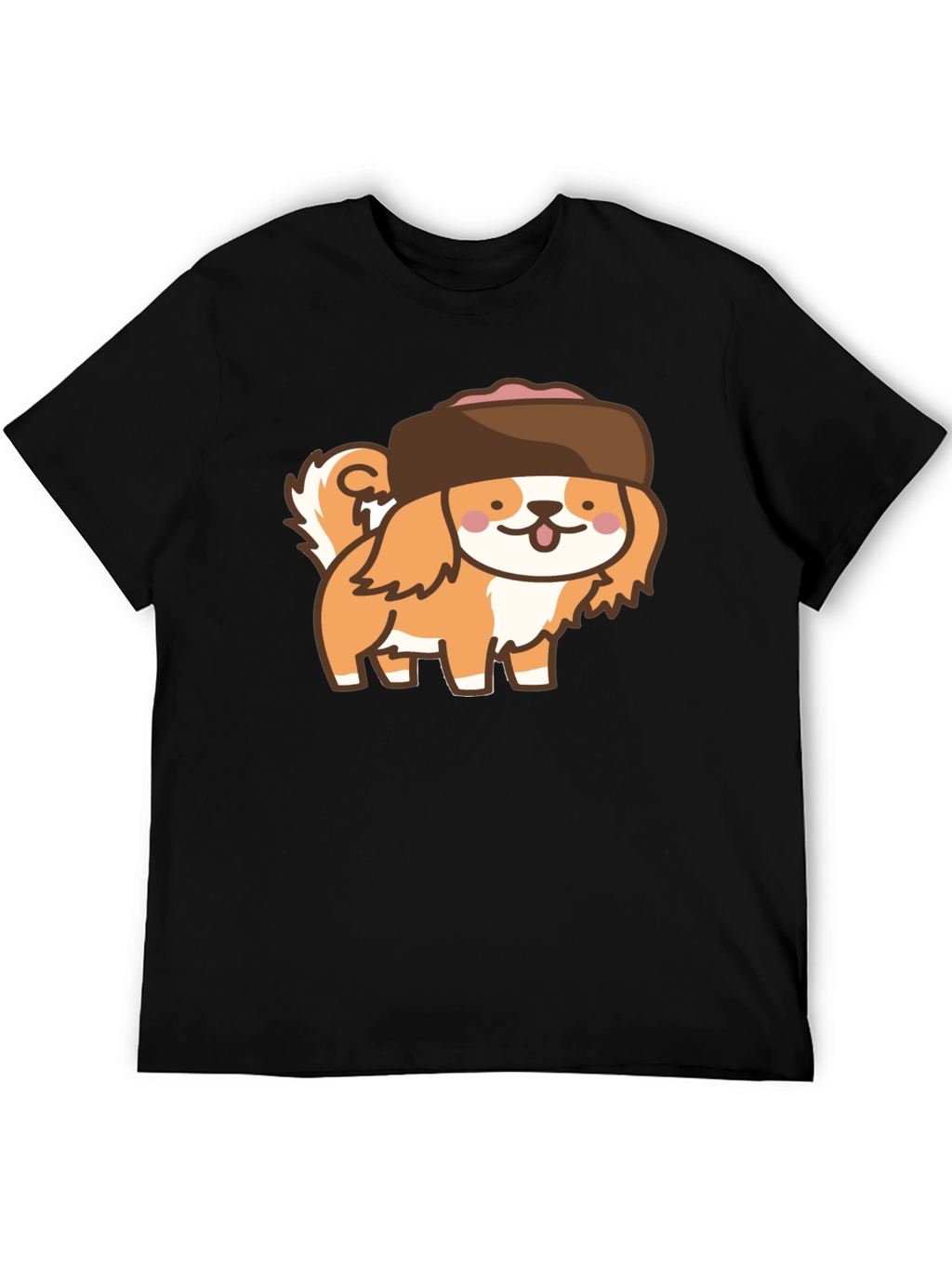 Kawaii Dog in Hat T-Shirt - Black Cotton Tee
