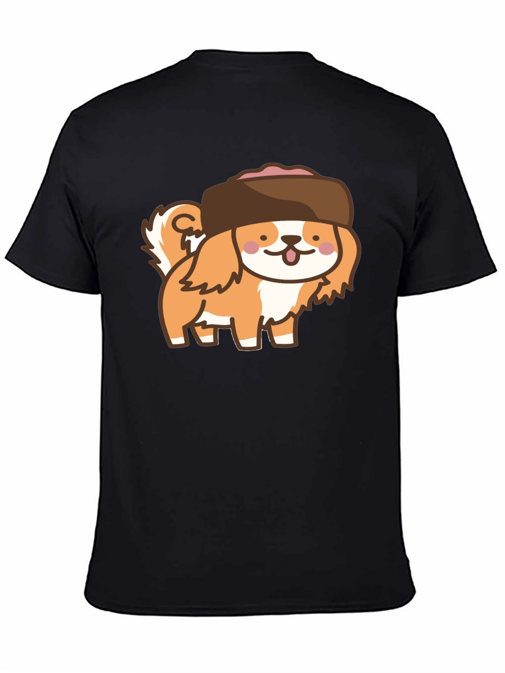 Kawaii Dog in Hat T-Shirt - Black Cotton Tee