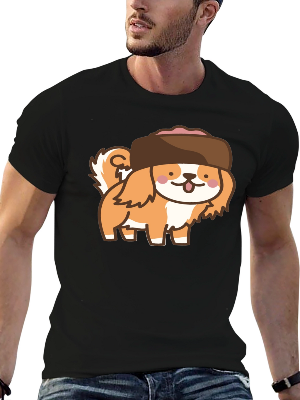 Kawaii Dog in Hat T-Shirt - Black Cotton Tee
