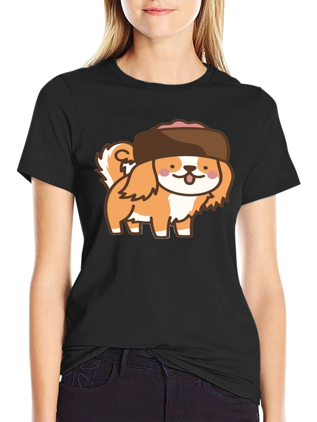 Kawaii Dog in Hat T-Shirt - Black Cotton Tee