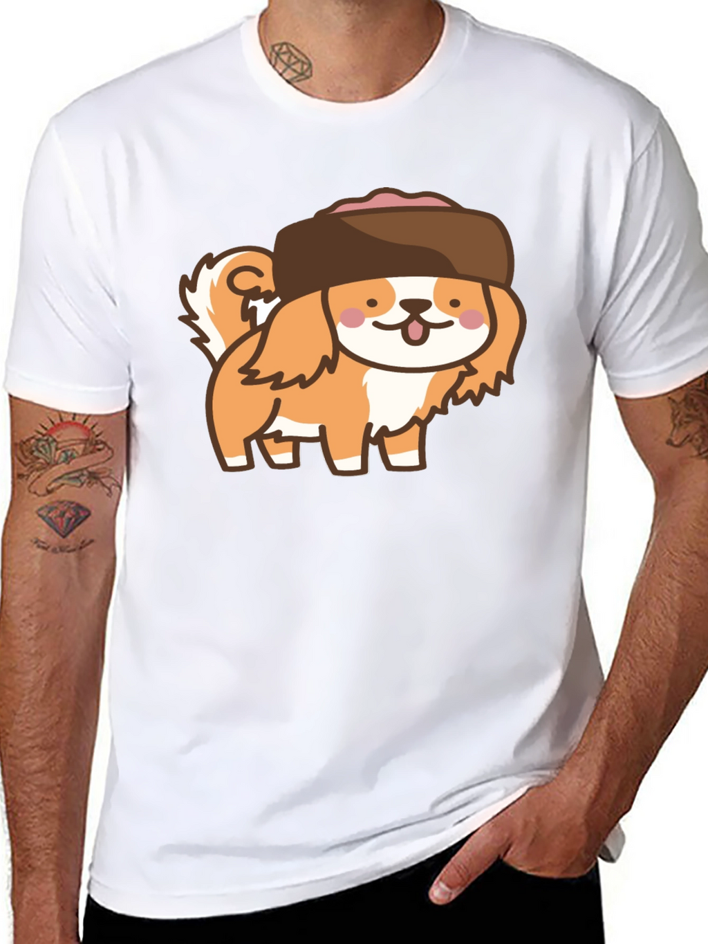 Kawaii Dog in Hat T-Shirt - Black Cotton Tee