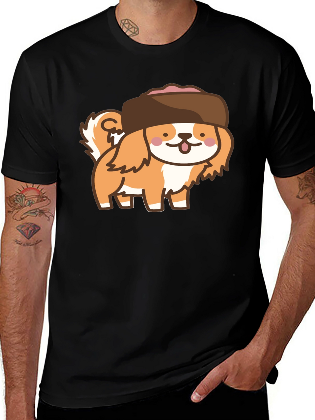 Kawaii Dog in Hat T-Shirt - Black Cotton Tee