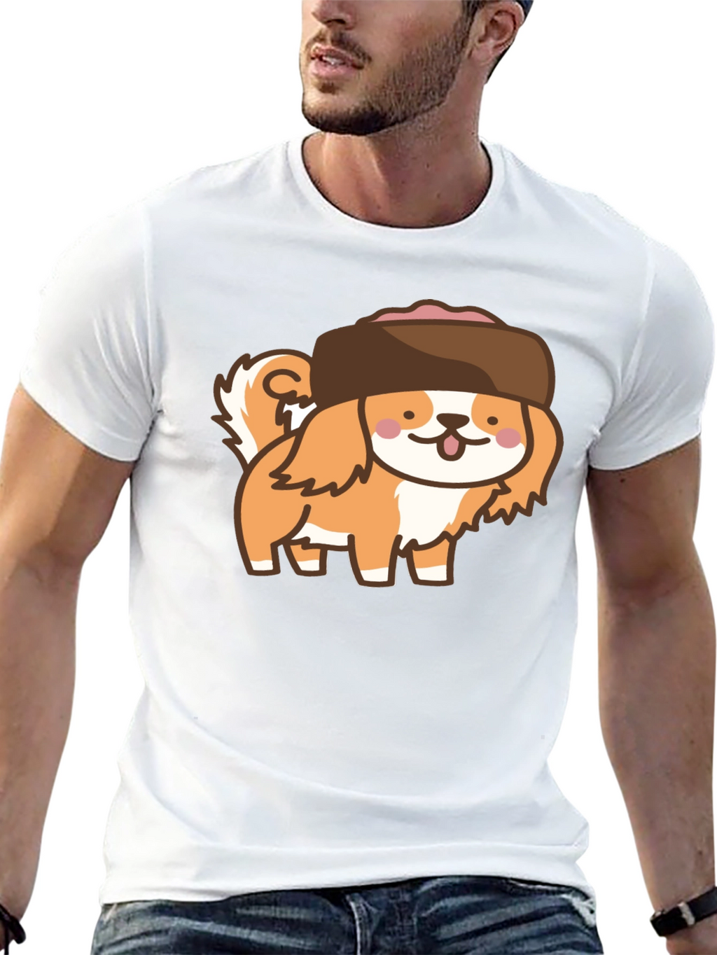 Kawaii Dog in Hat T-Shirt - Black Cotton Tee
