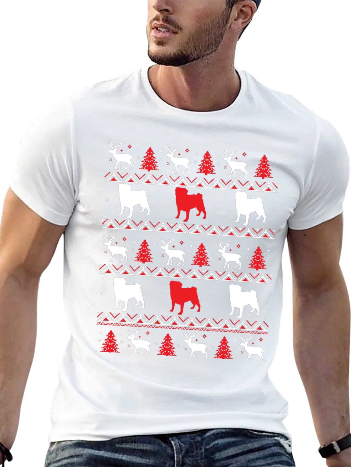 Festive Dog & Deer Christmas Pattern T-Shirt