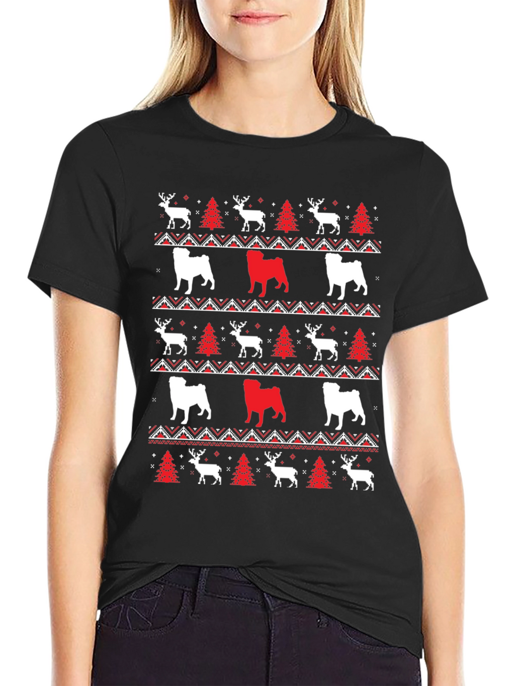 Festive Dog & Deer Christmas Pattern T-Shirt