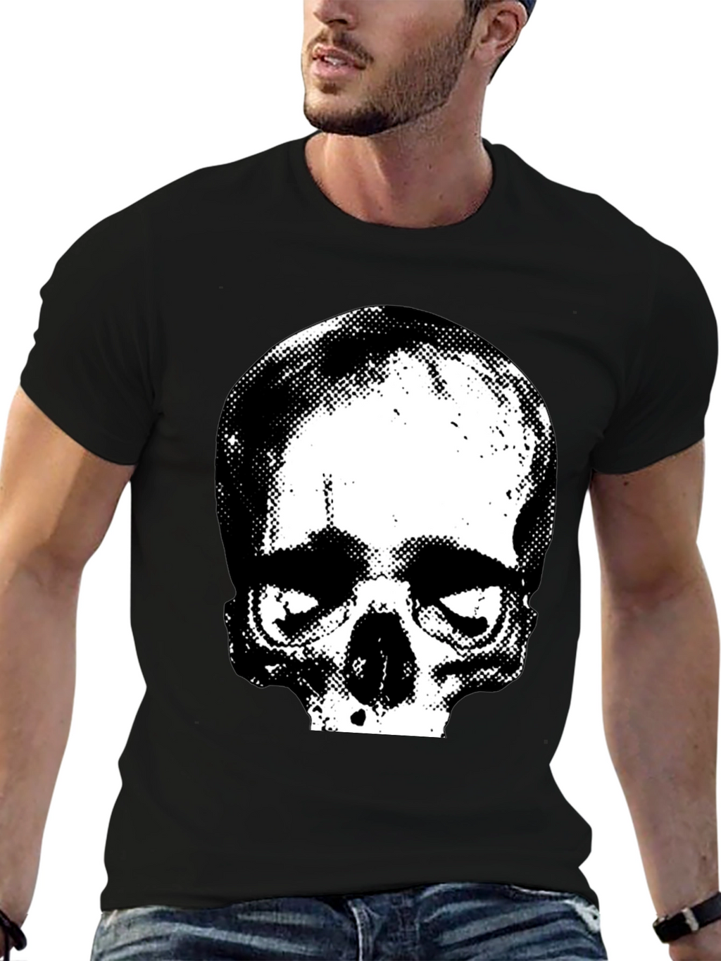 Skull Graphic Print Crew Neck Tee - Black