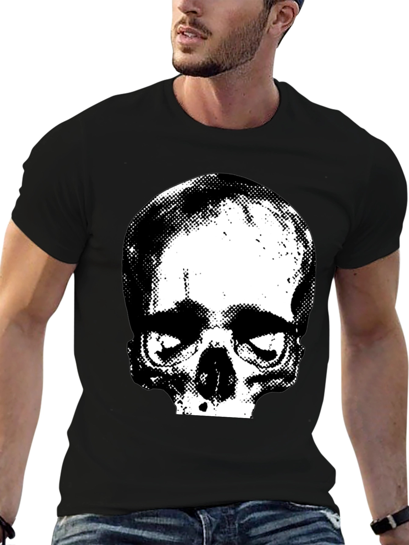 Skull Graphic Print Crew Neck Tee - Black