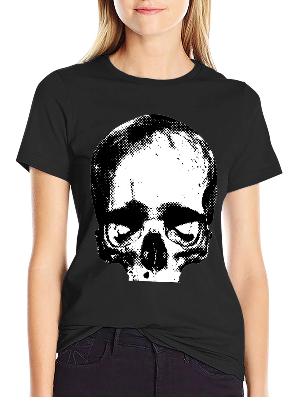Skull Graphic Print Crew Neck Tee - Black