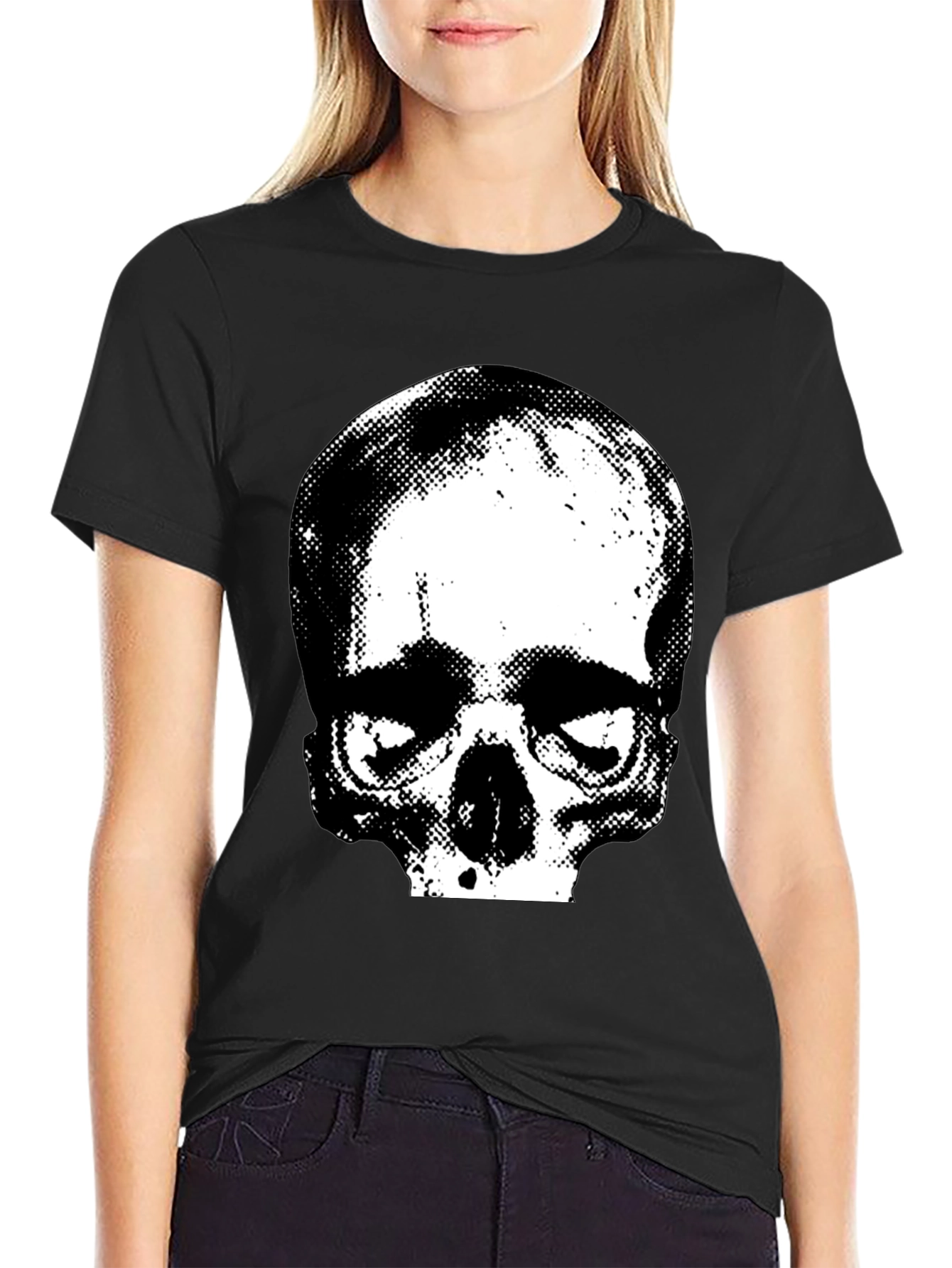 Skull Graphic Print Crew Neck Tee - Black