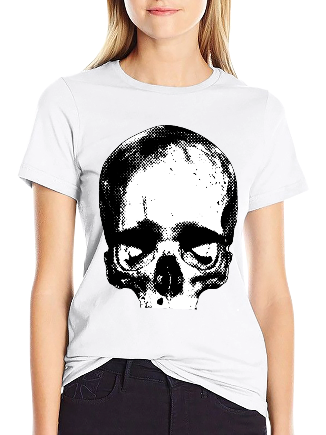 Skull Graphic Print Crew Neck Tee - Black