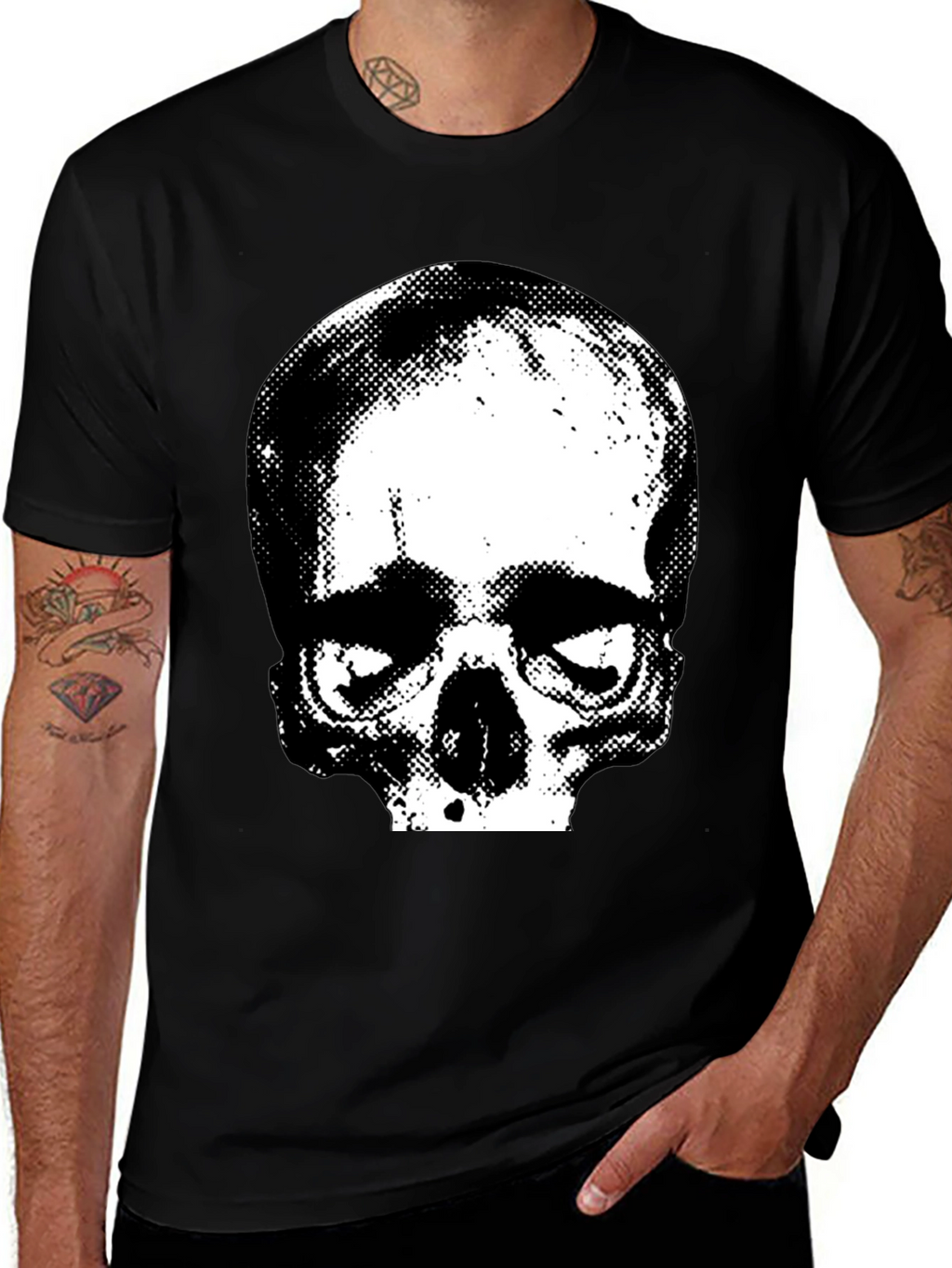 Skull Graphic Print Crew Neck Tee - Black