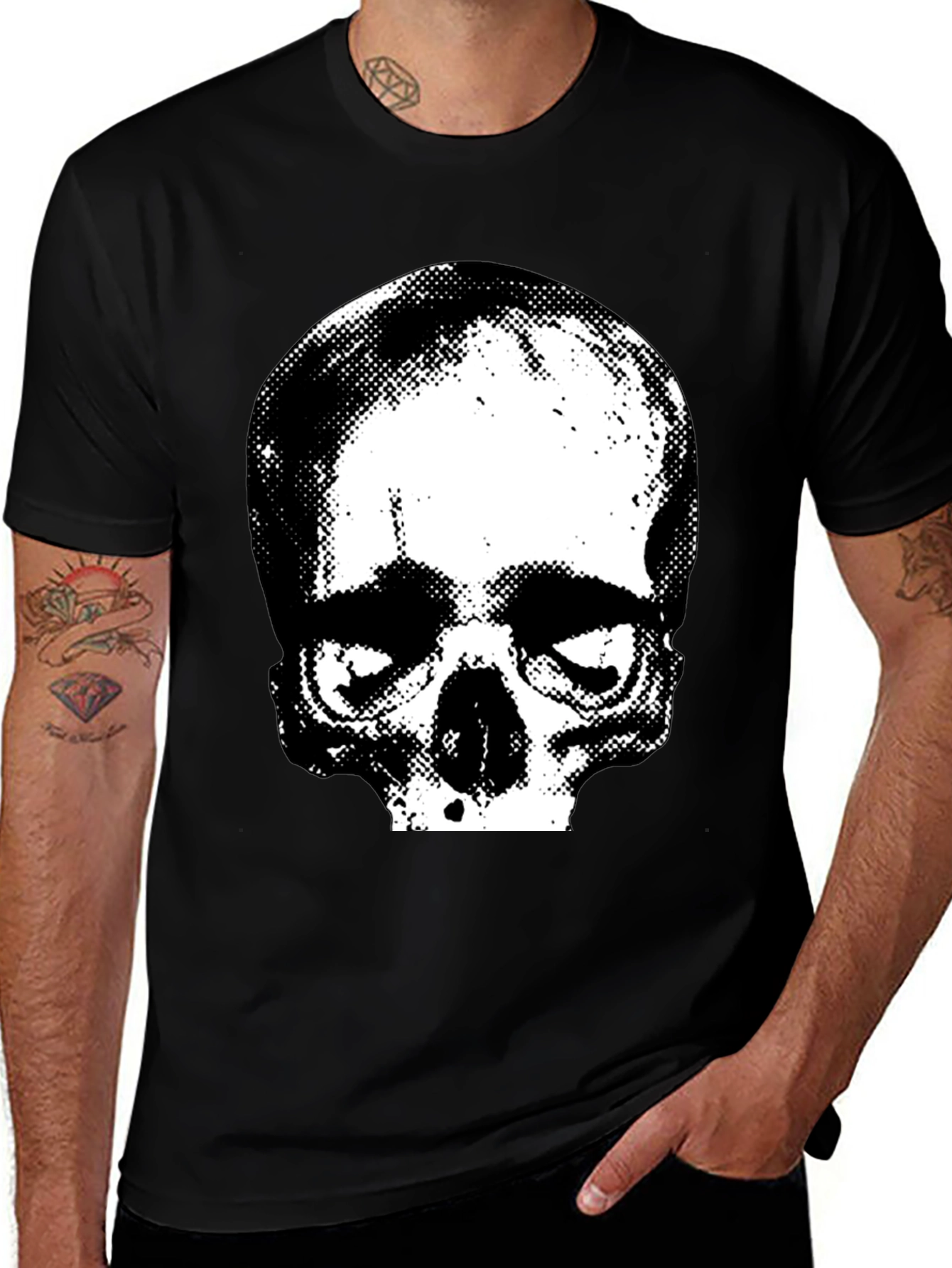 Skull Graphic Print Crew Neck Tee - Black
