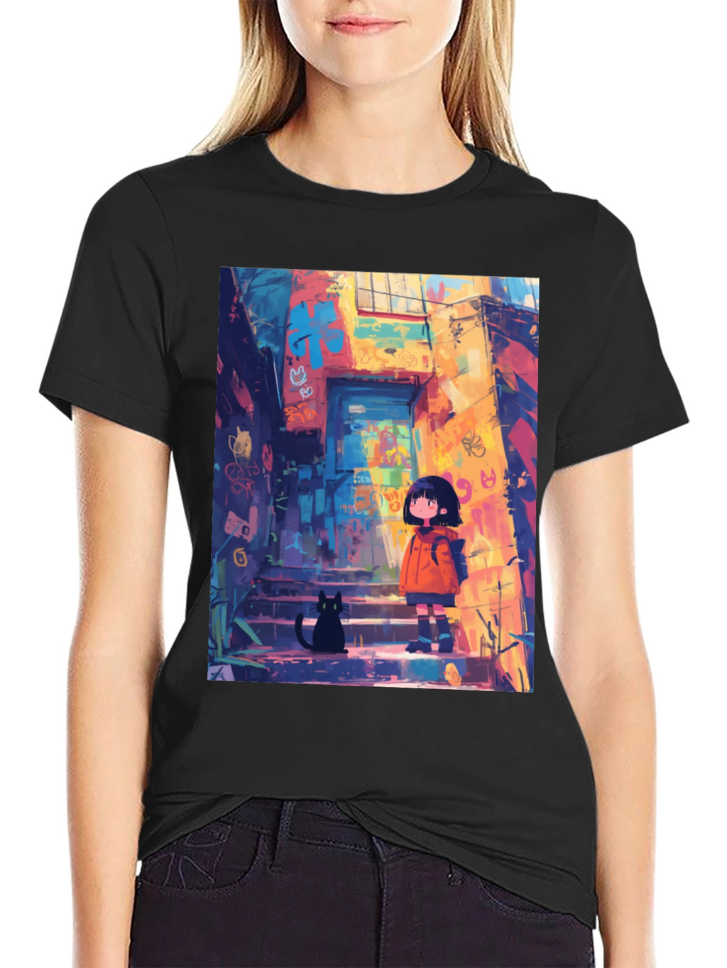 Anime Girl & Cat Black T-Shirt