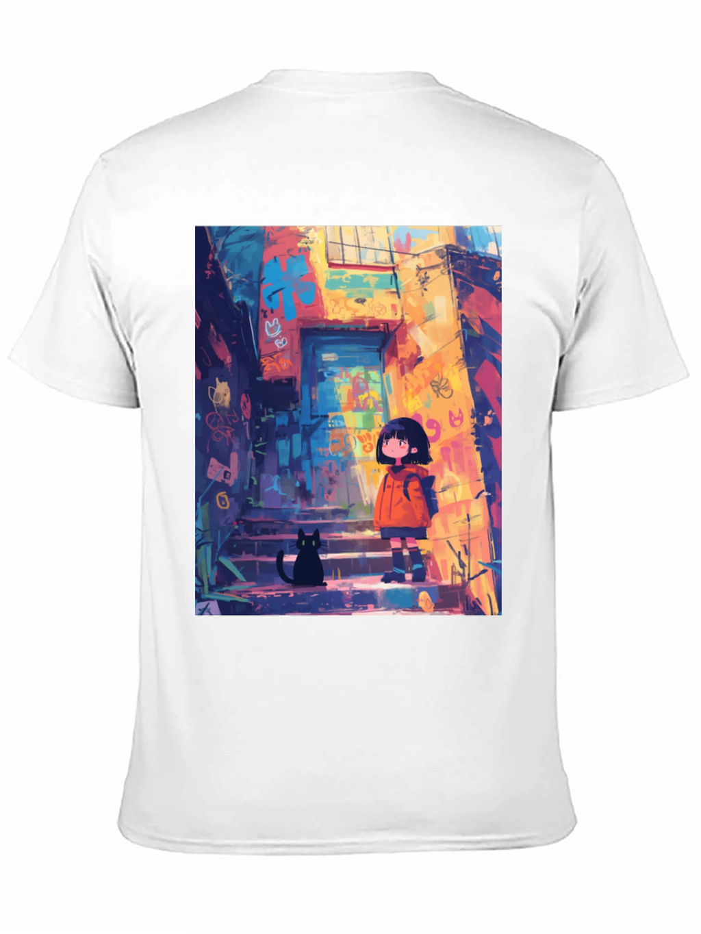 Anime Girl & Cat Black T-Shirt
