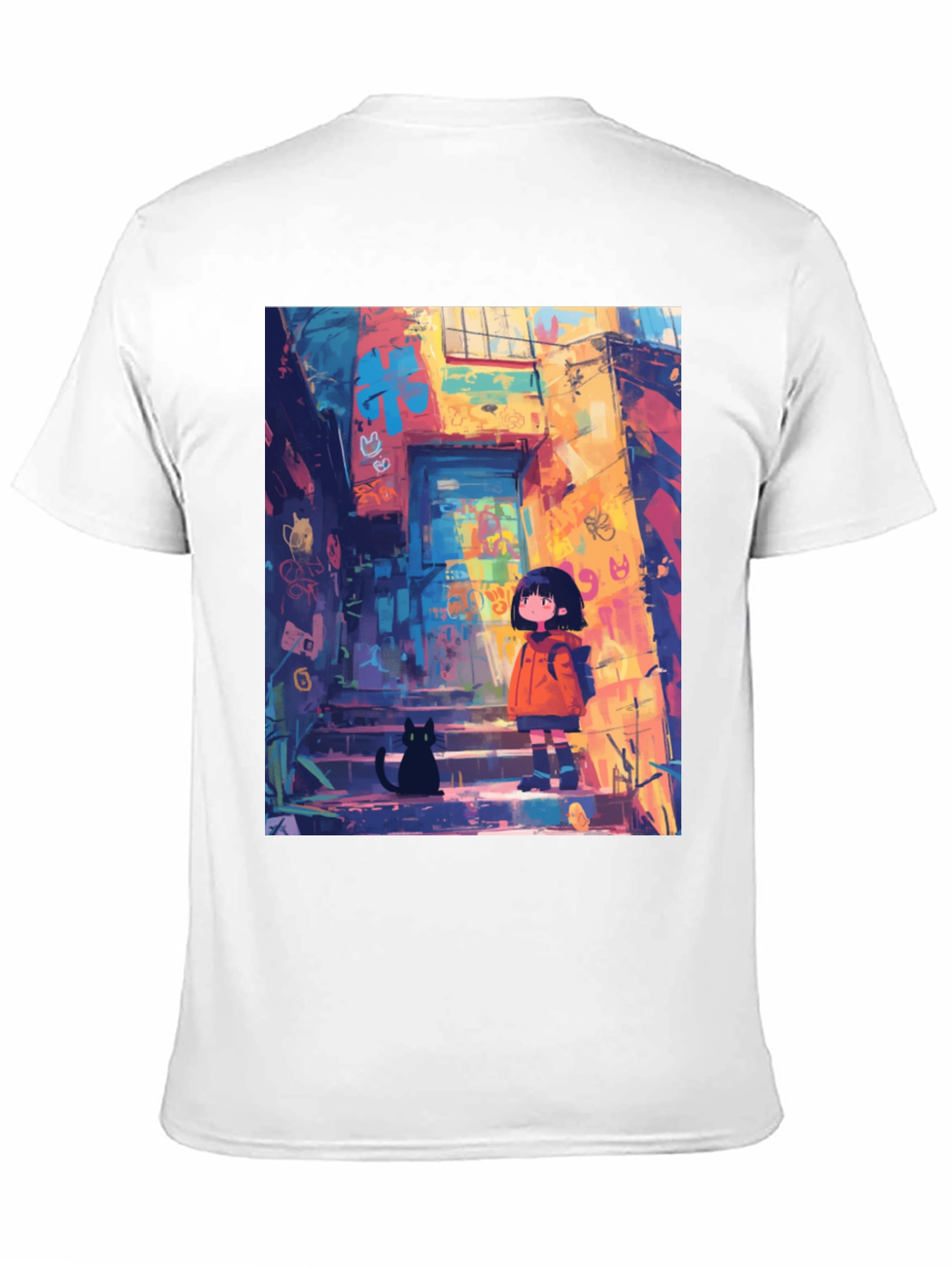 Anime Girl & Cat Black T-Shirt