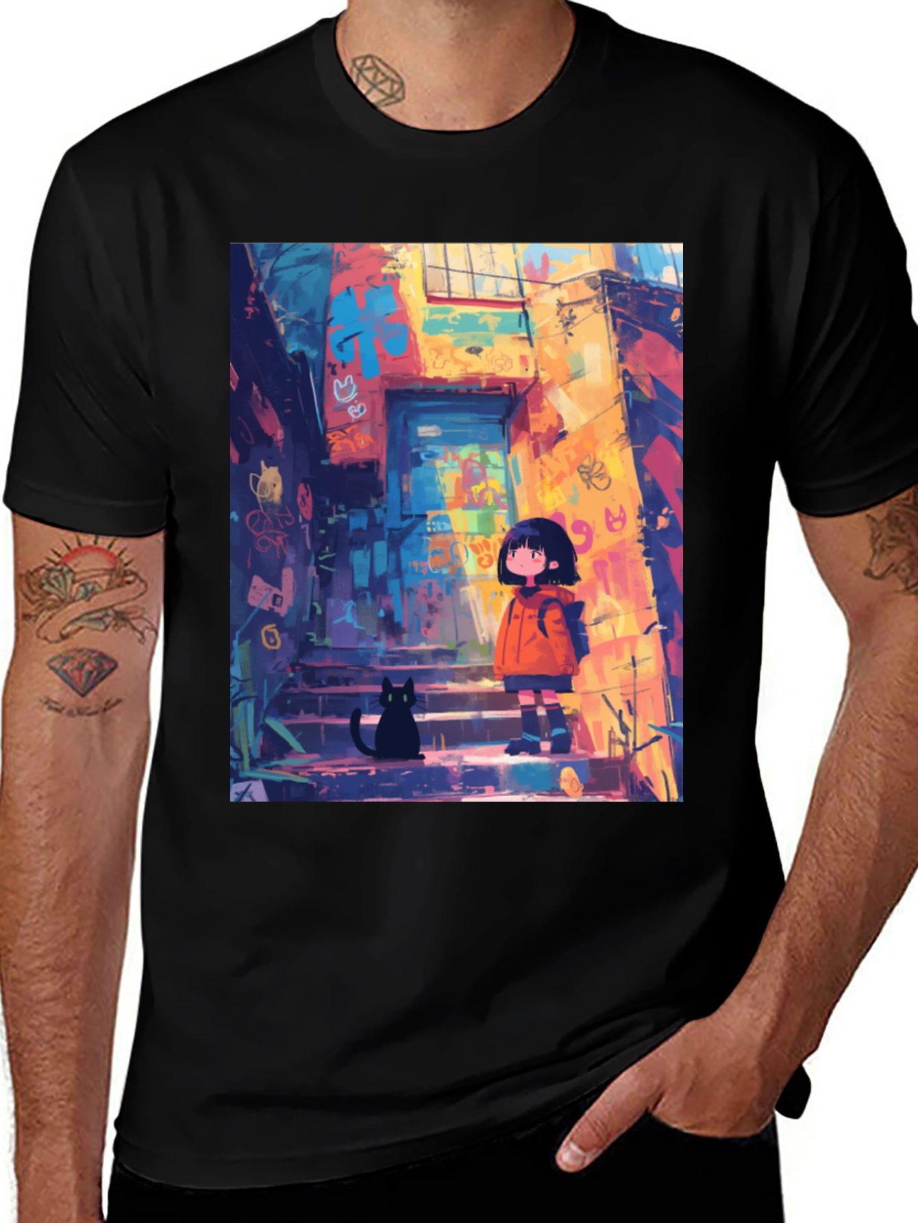 Anime Girl & Cat Black T-Shirt