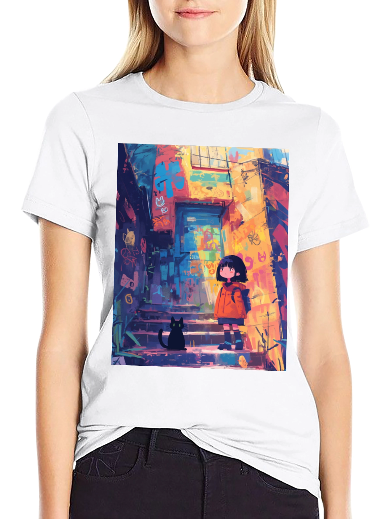 Anime Girl & Cat Black T-Shirt