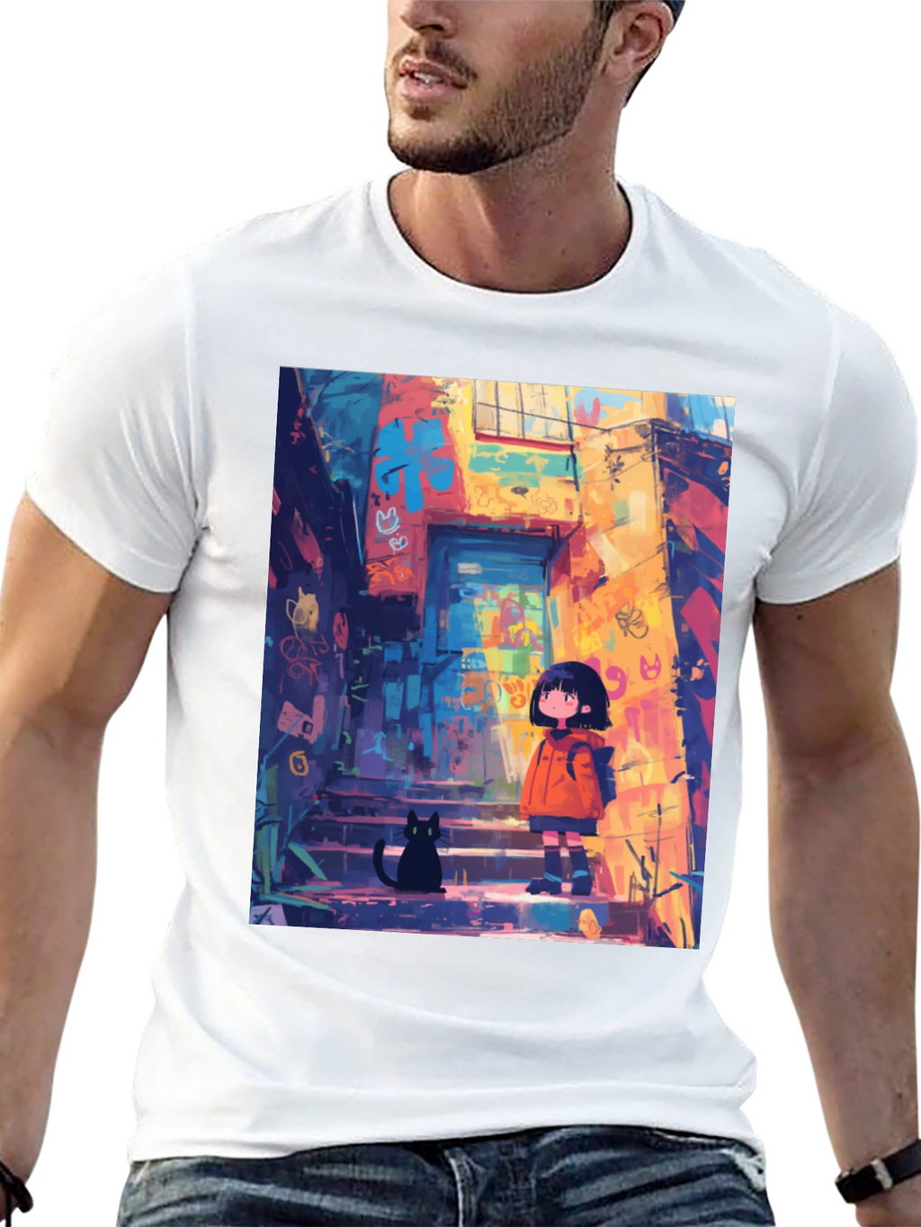 Anime Girl & Cat Black T-Shirt