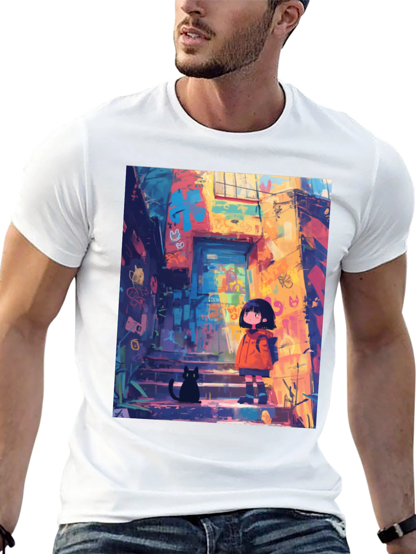 Anime Girl & Cat Black T-Shirt