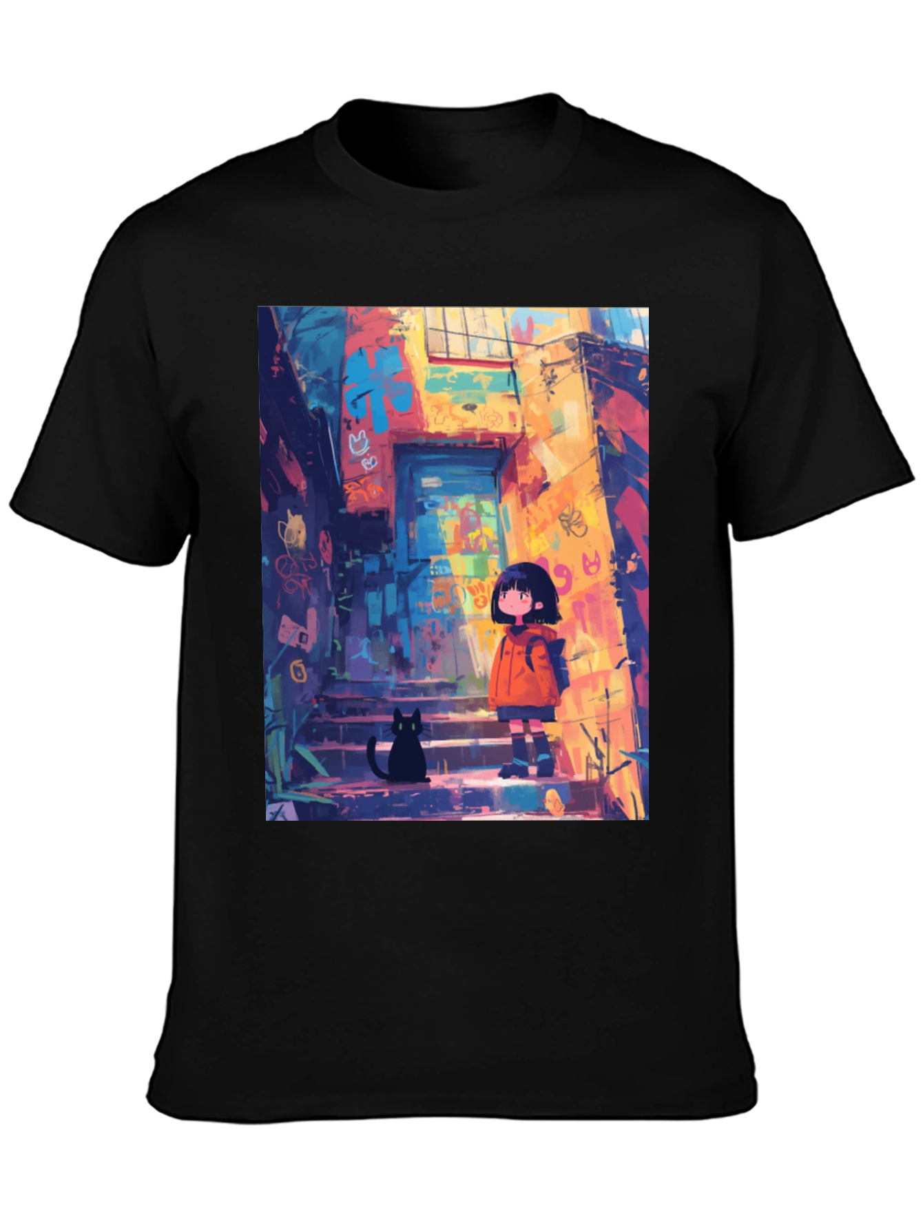 Anime Girl & Cat Black T-Shirt