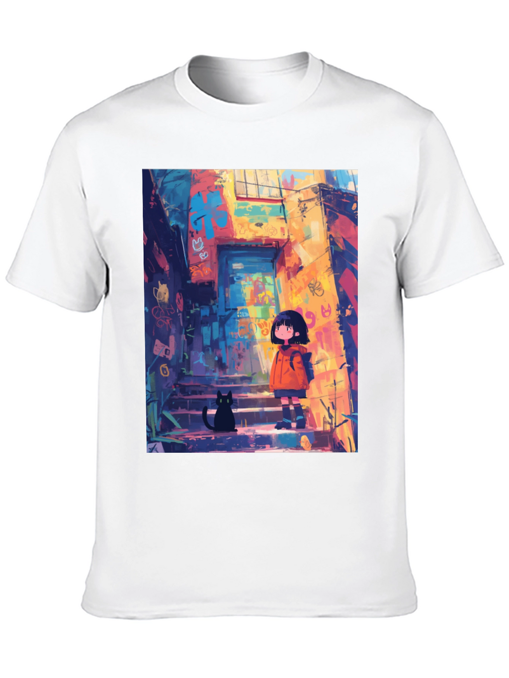 Anime Girl & Cat Black T-Shirt