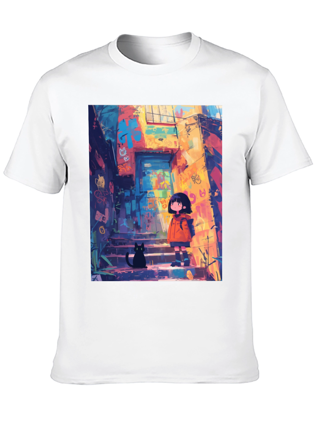 Anime Girl & Cat Black T-Shirt